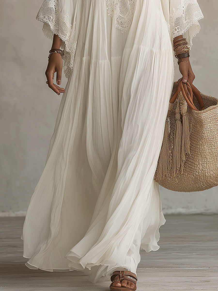 Celeste - Vestido largo de gasa color marfil con mangas de murciélago y encaje blanco
