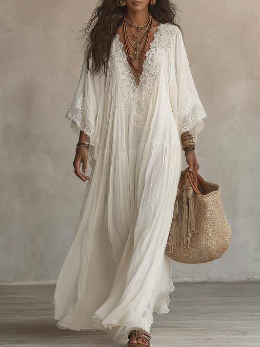 Celeste - Vestido largo de gasa color marfil con mangas de murciélago y encaje blanco