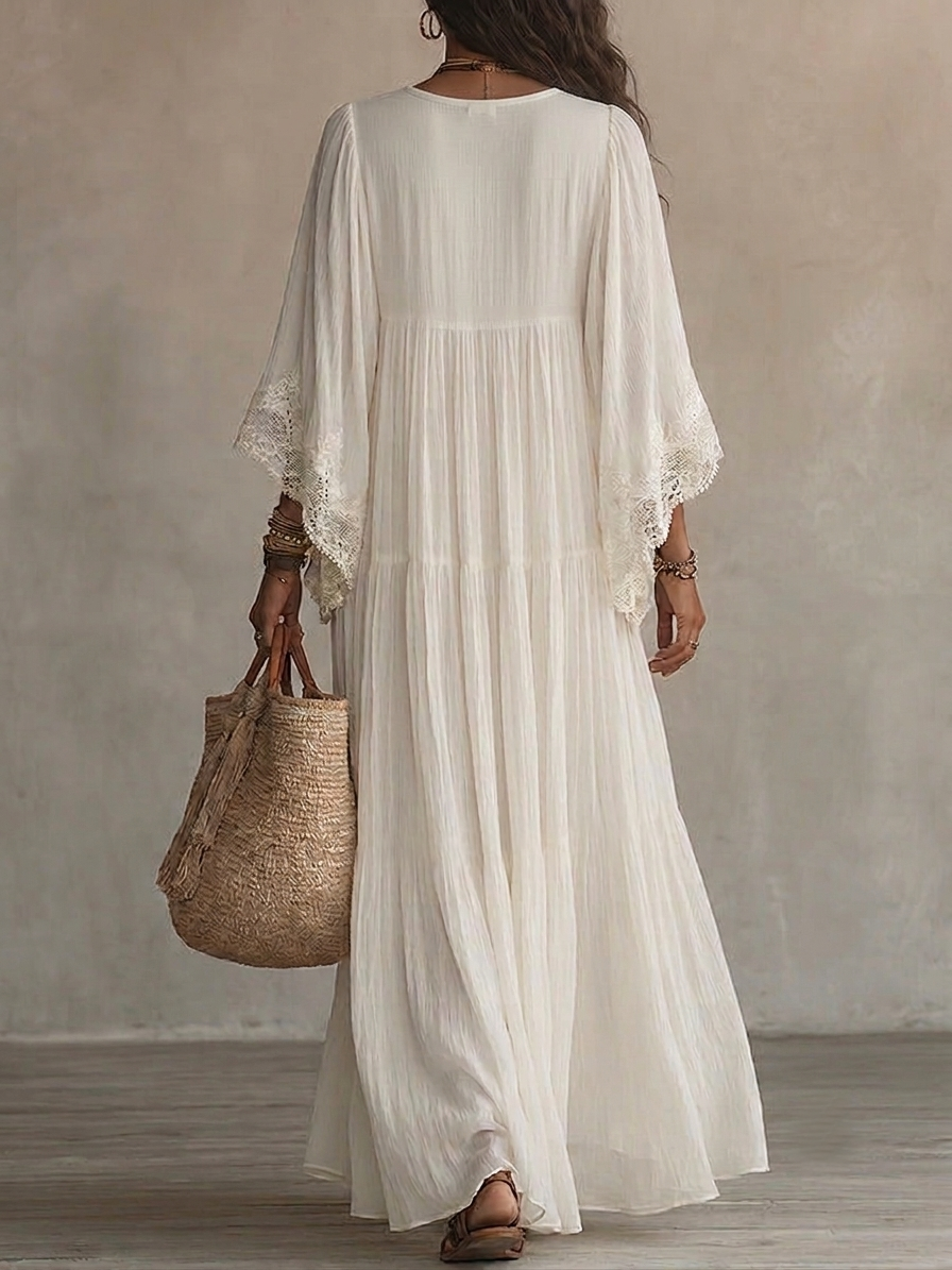 Celeste - Vestido largo de gasa color marfil con mangas de murciélago y encaje blanco