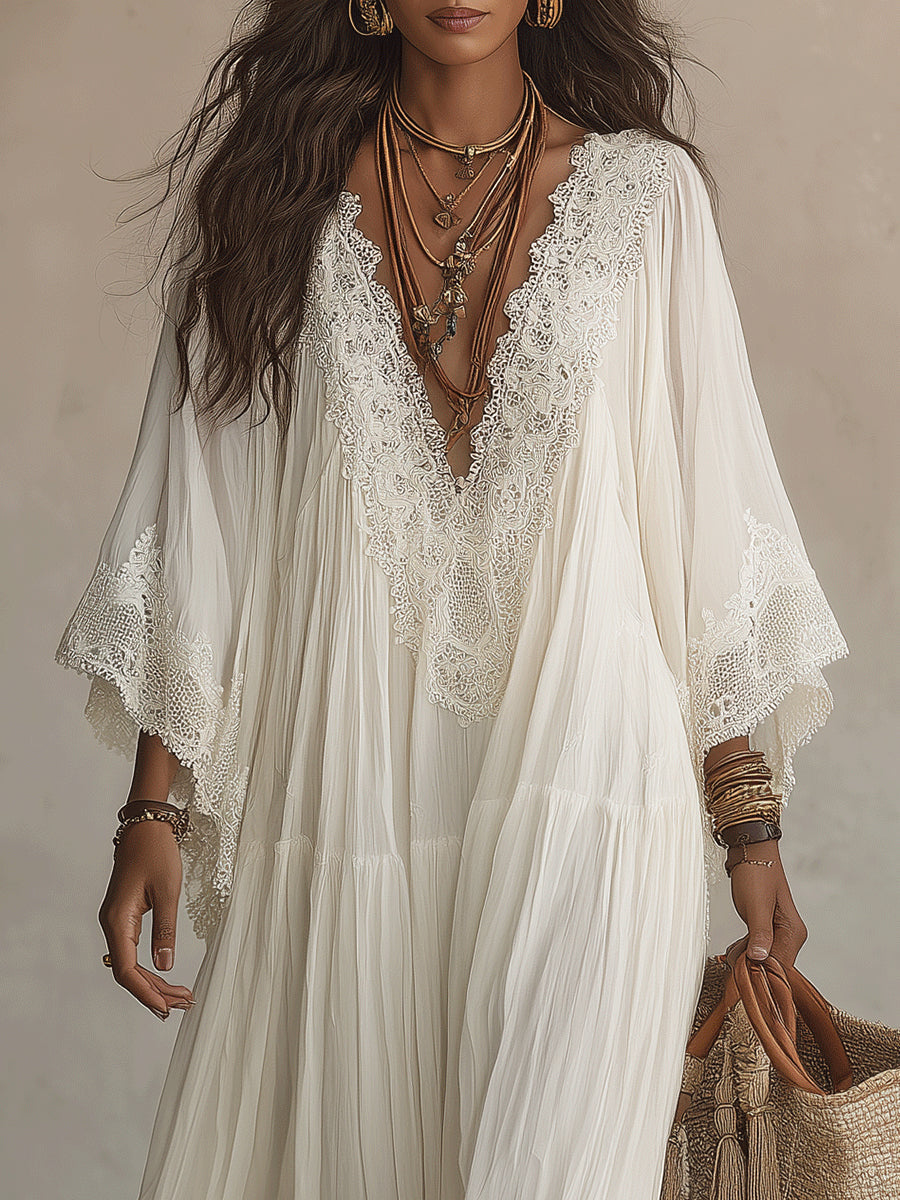 Celeste - Vestido largo de gasa color marfil con mangas de murciélago y encaje blanco