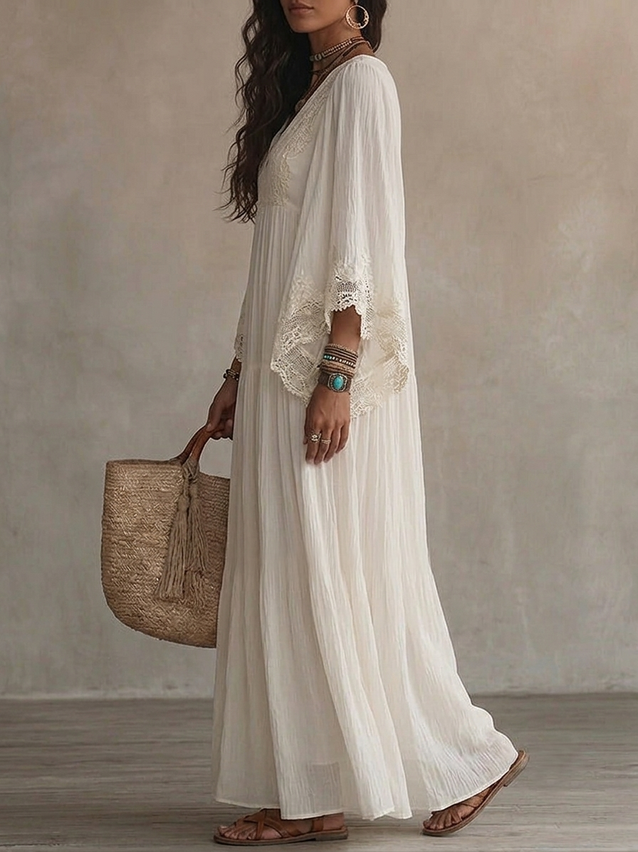 Celeste - Vestido largo de gasa color marfil con mangas de murciélago y encaje blanco